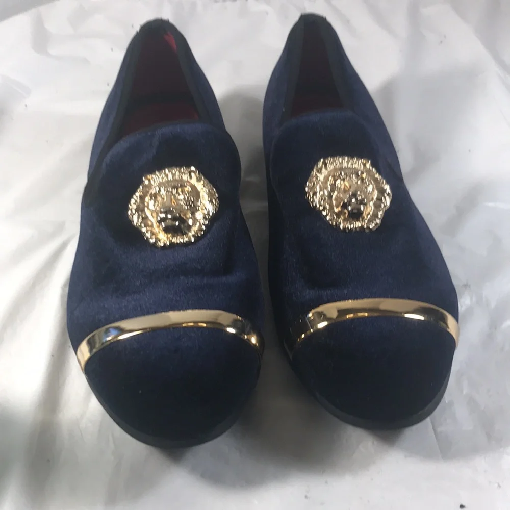 Mens Jitai Penny Blue Velvet Luxury Loafers with Gold Toned Lion & Bar Accents